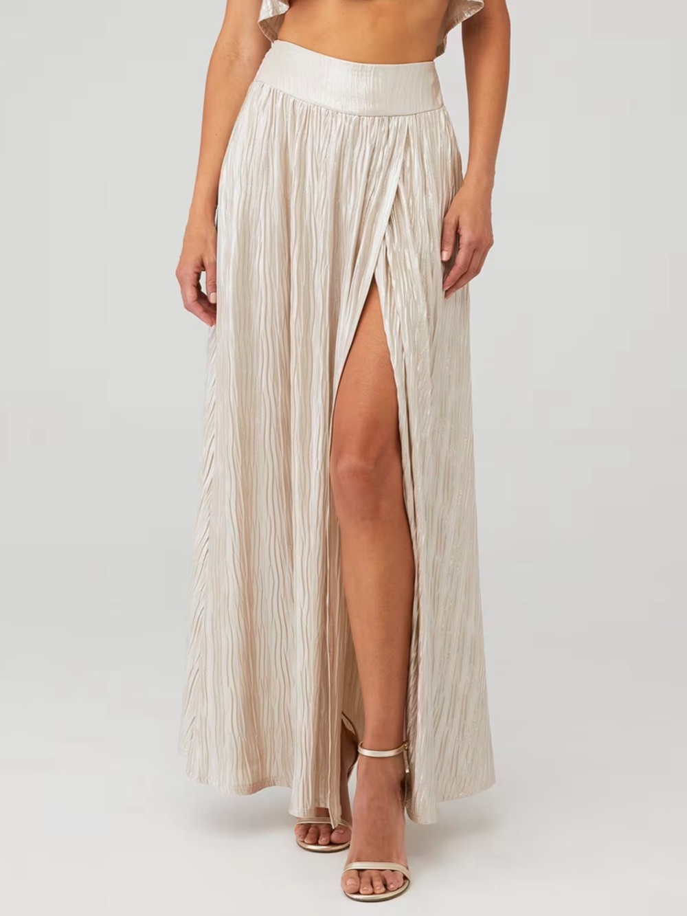 MISA Los Angeles Balena Metallic Champagne Pleated Maxi Skirt with Pockets - Siz